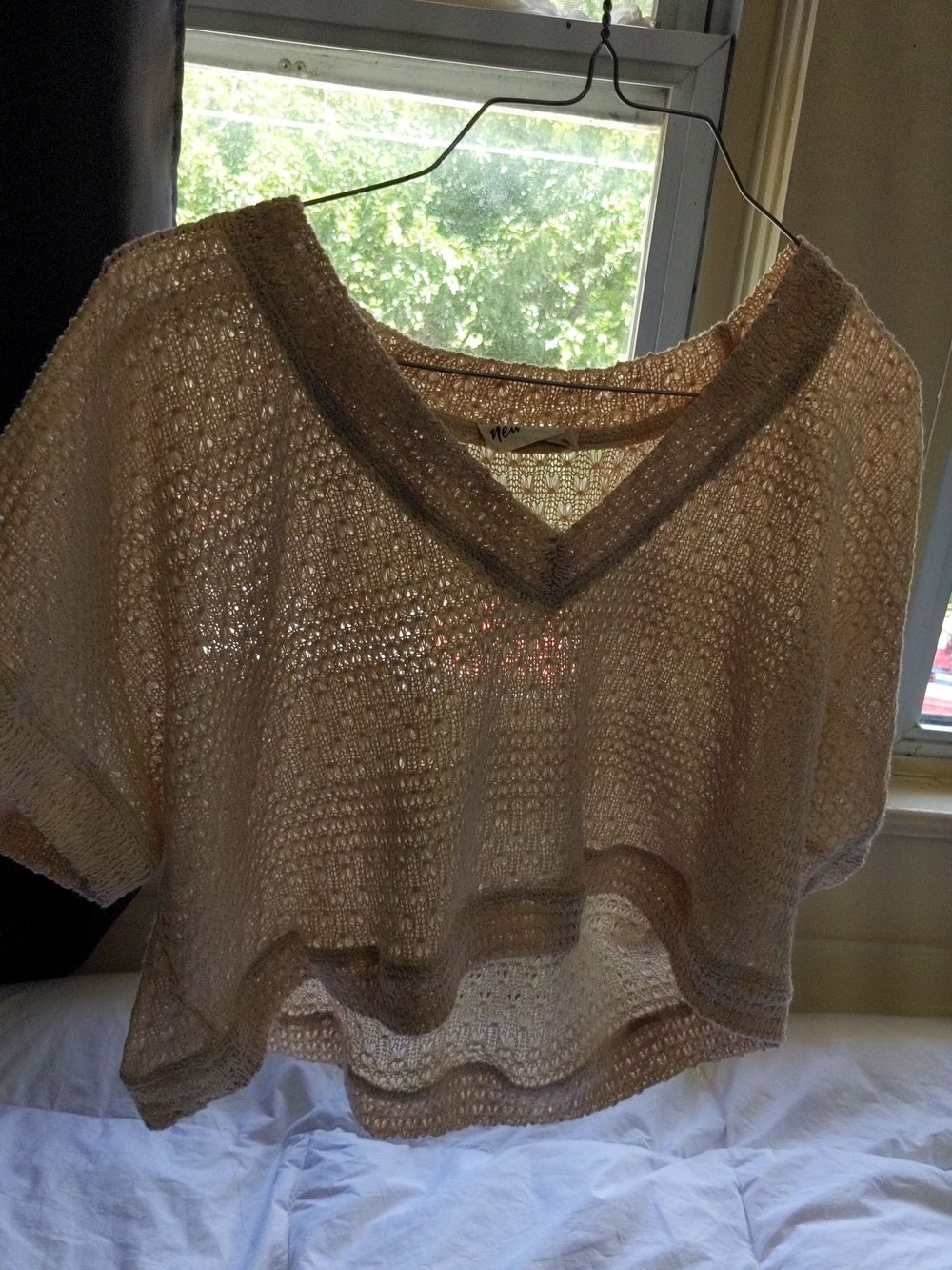 Open-Knit V-Neck Sweater Top in Beige